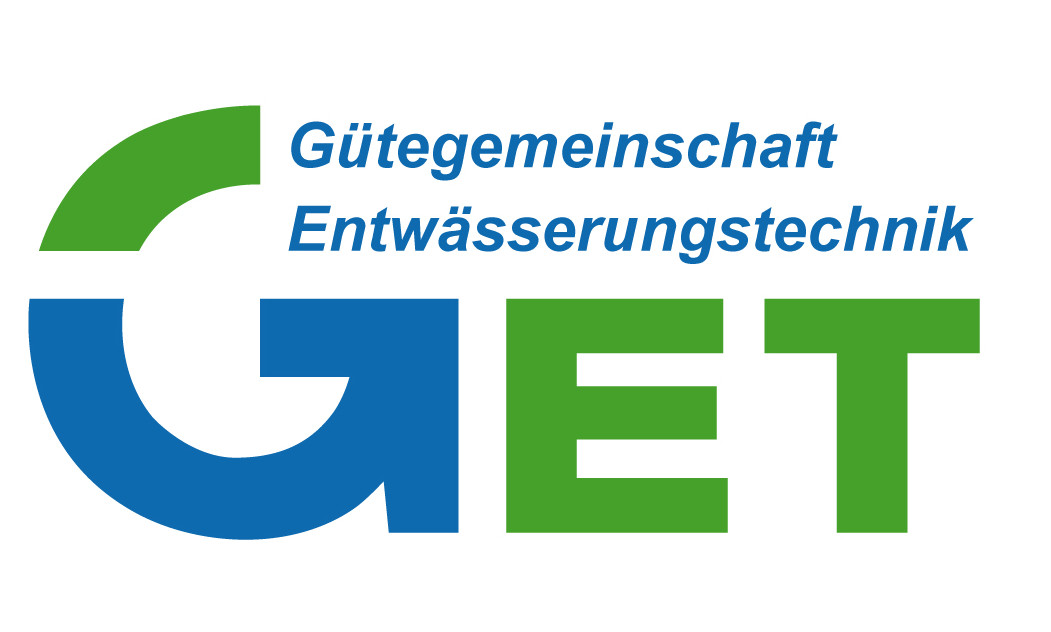 Logo der GET-Gütegemeinschaft Entwässerungstechnik in grüner und blauer Schrift.