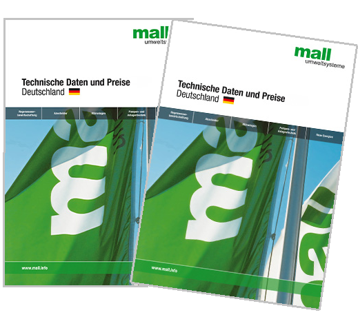 Zwei nebeneinander angeordnete Prospekt-Titelblätter der aktuellen Preisliste von Mall Umweltsysteme